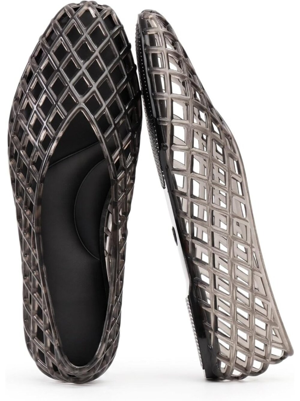Women's Black Mesh Ballet Flats Slip On Polyvinyl Chloride Jelly Shoes Sandals